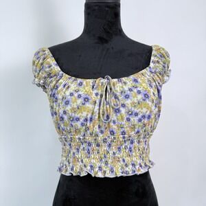Stitch & Pine Milkmaid Floral‎ Crop Top Small Smocked Dainty Cottage Coquette